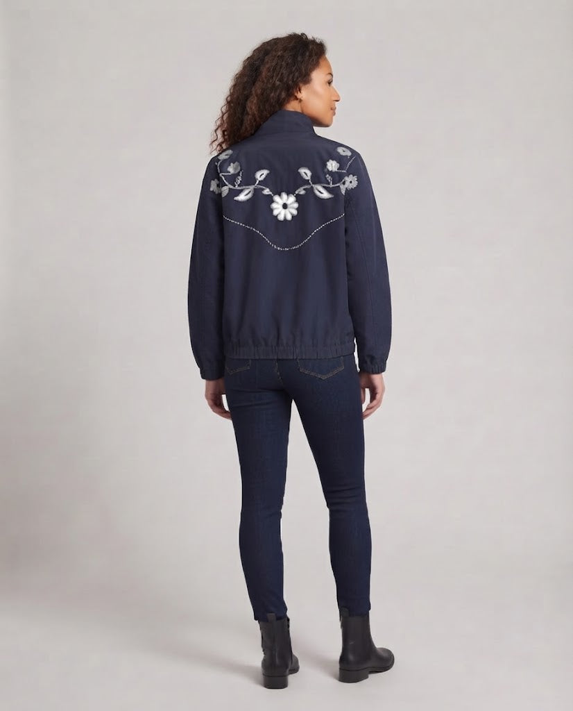 Women's Embroidered Lightweight Transitional Jacket with Zipper and Flower Detail Chichicherry