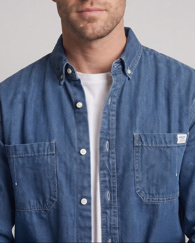 Men's Oversized Denim Shirt Jacket with Chest Pockets and Button-Down Collar Chichicherry