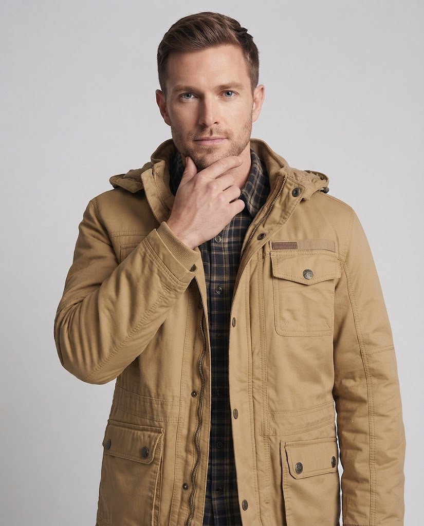 Men's warmer canvas parka with teddy lining hood and multiple pockets Chichicherry