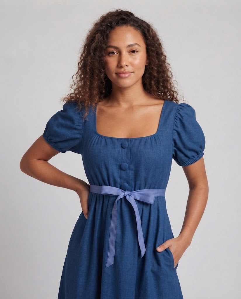 Women Elegant Maxi Dress with Puff Sleeves and Waistband Chichicherry