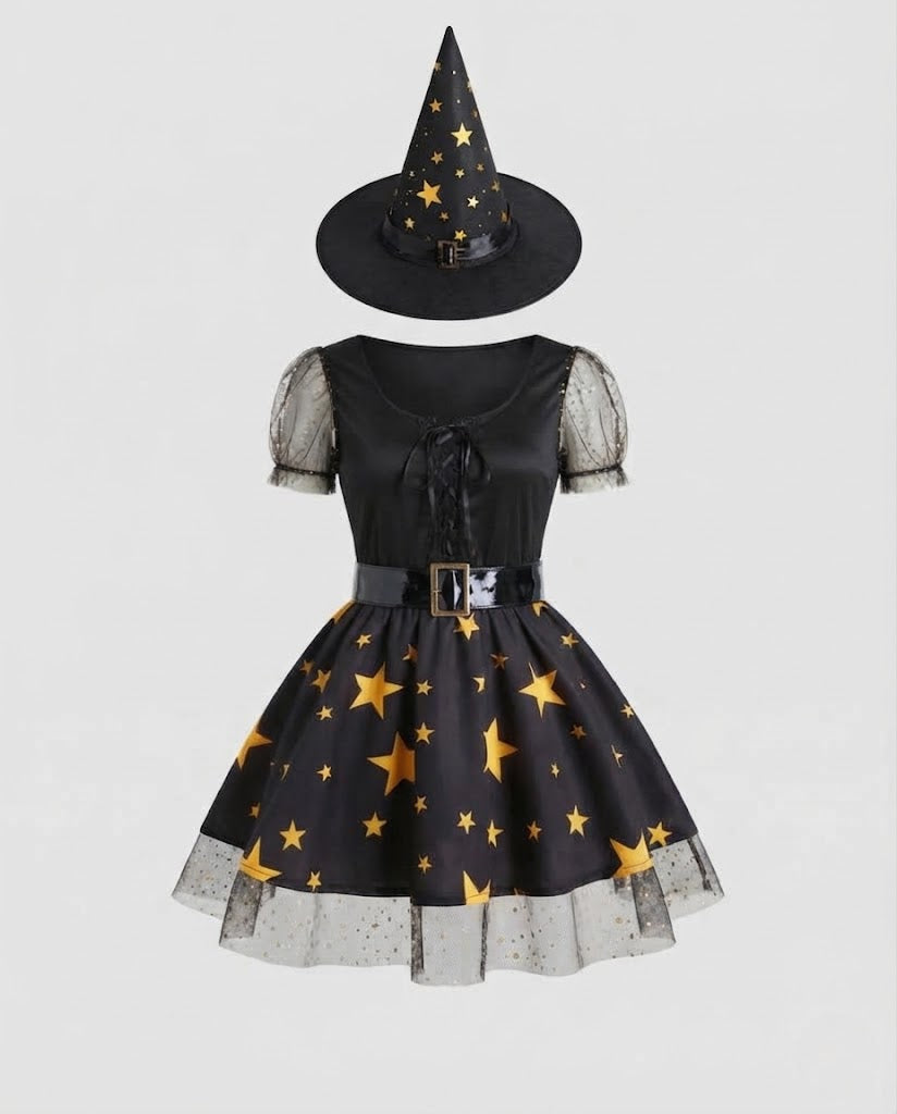 Women's fairy-tale witch costume with stars and lace details Chichicherry