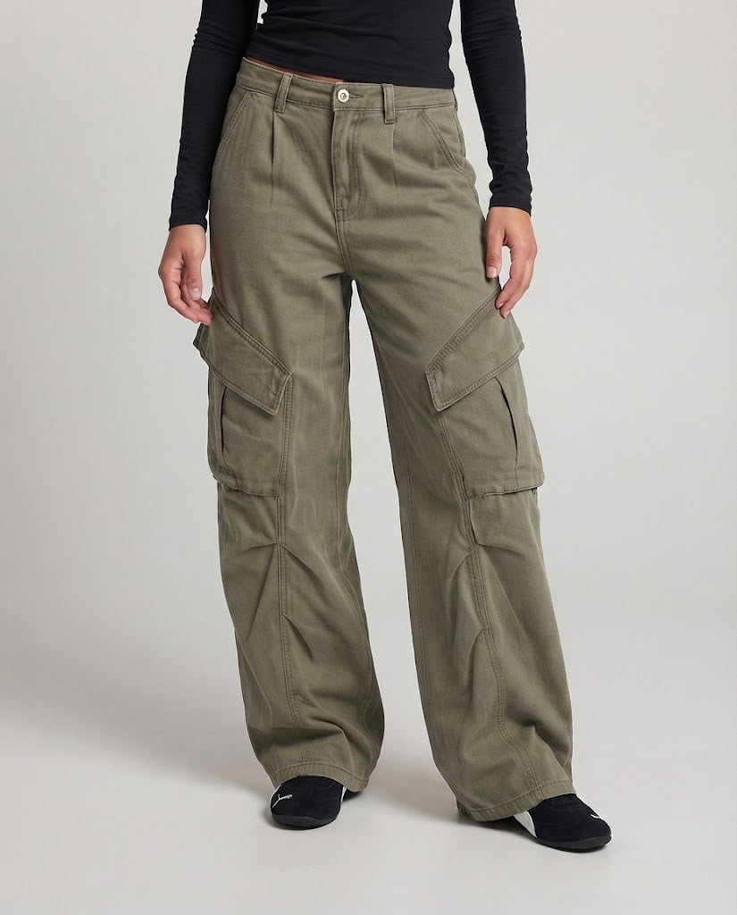 Women's wide cargo pants with a low waistband and large flap pockets Chichicherry