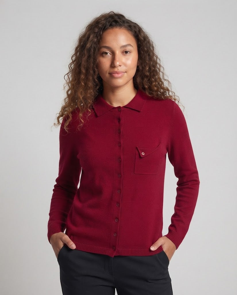 Women's fine-knit cardigan with polo collar, 3/4 sleeves and discreet chest pocket Chichicherry