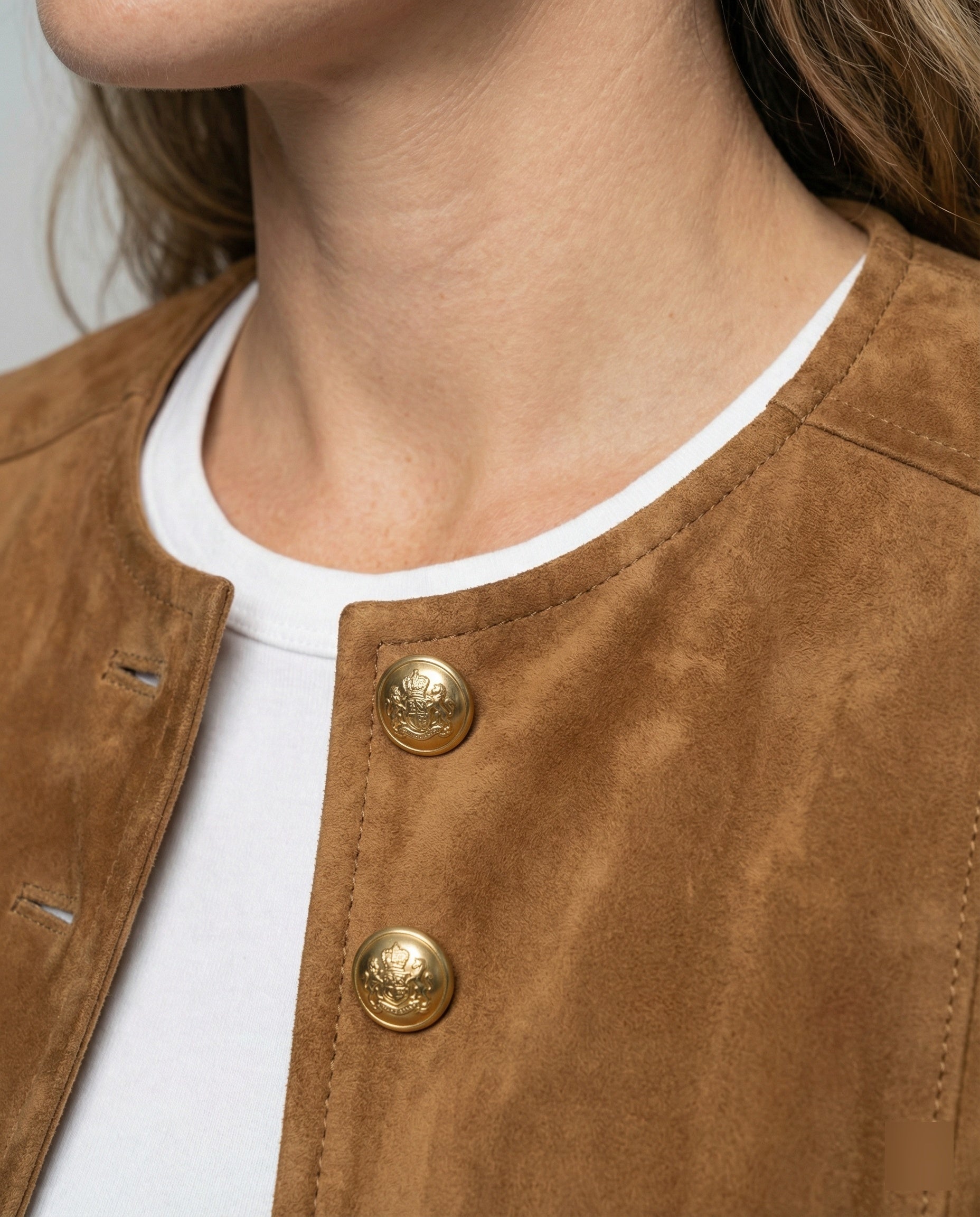Women's suede jacket with gold buttons