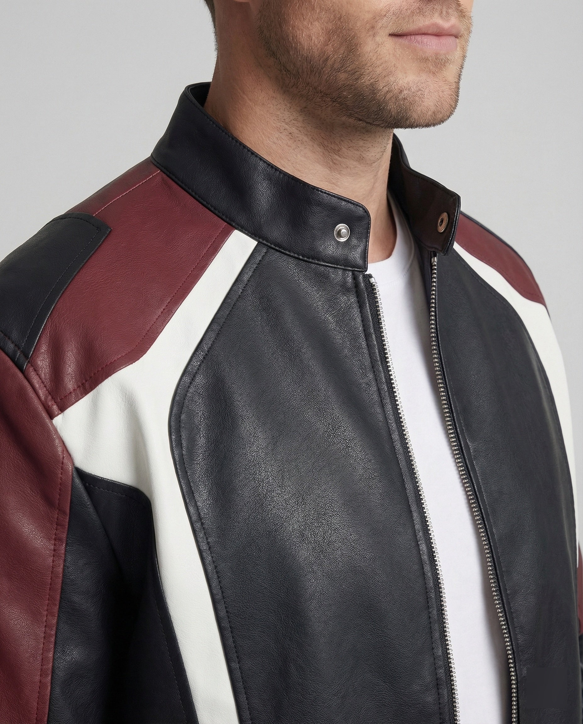 Men's Panel Leather Jacket Stand-up Collar