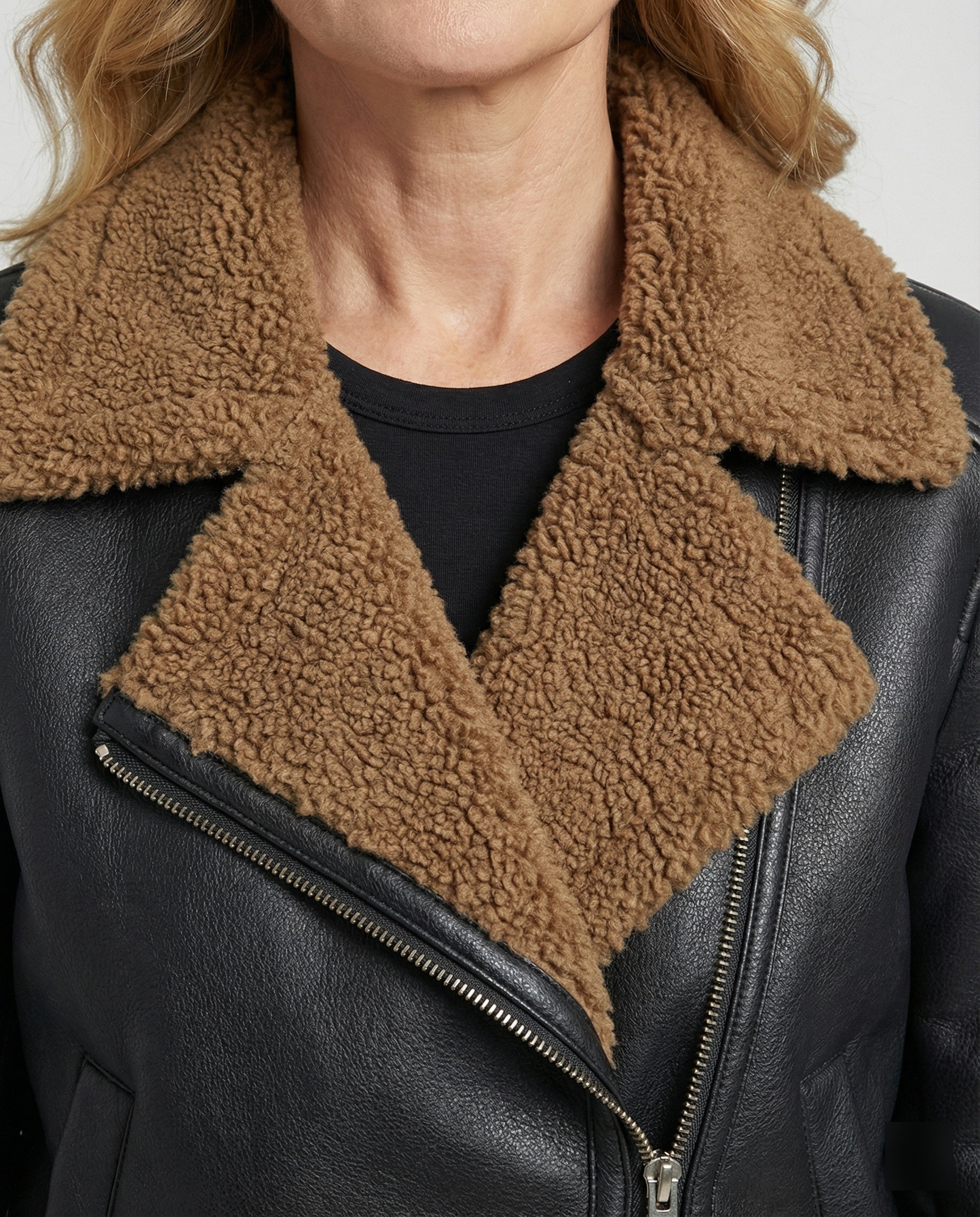 Ladies Leather Jacket Black with Teddy Collar