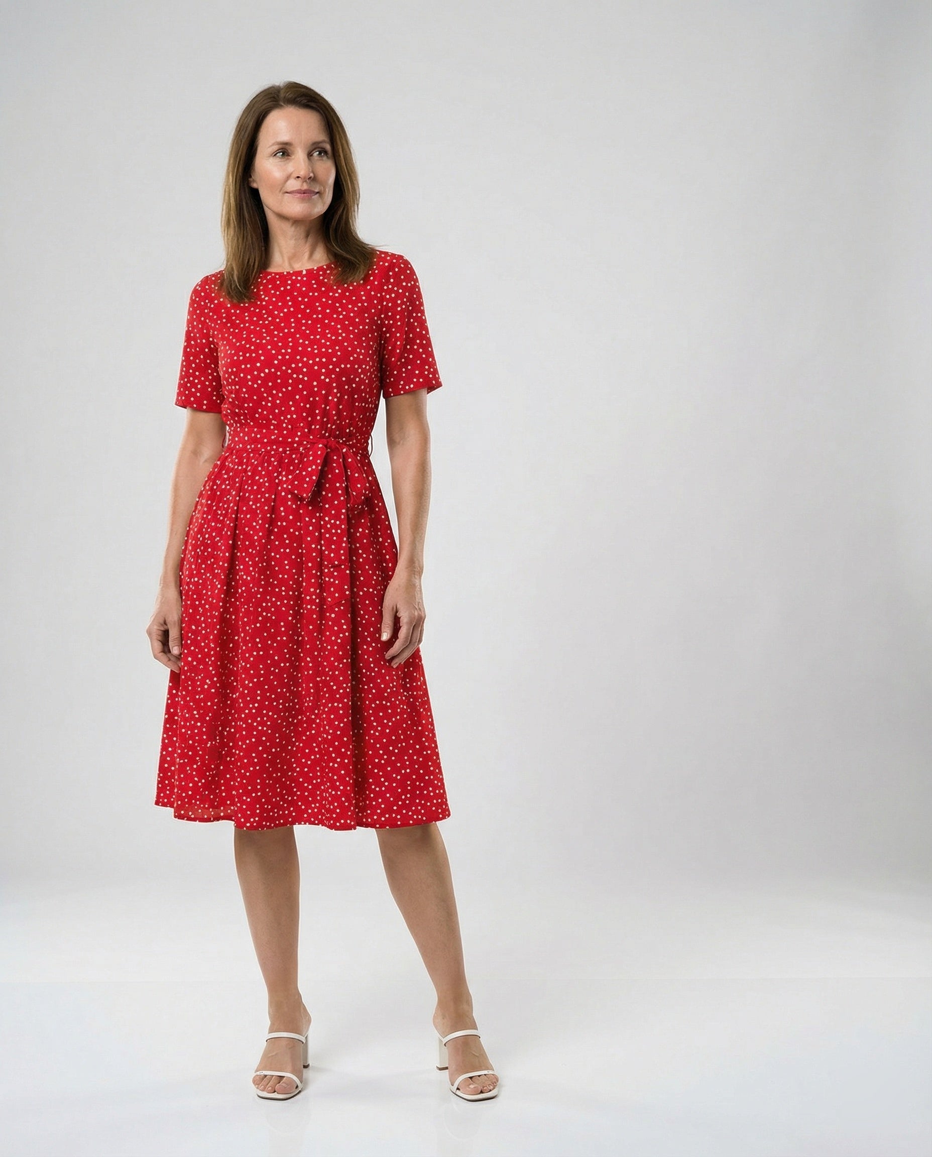 Women's Midi Dress with Waist Belt and Dots