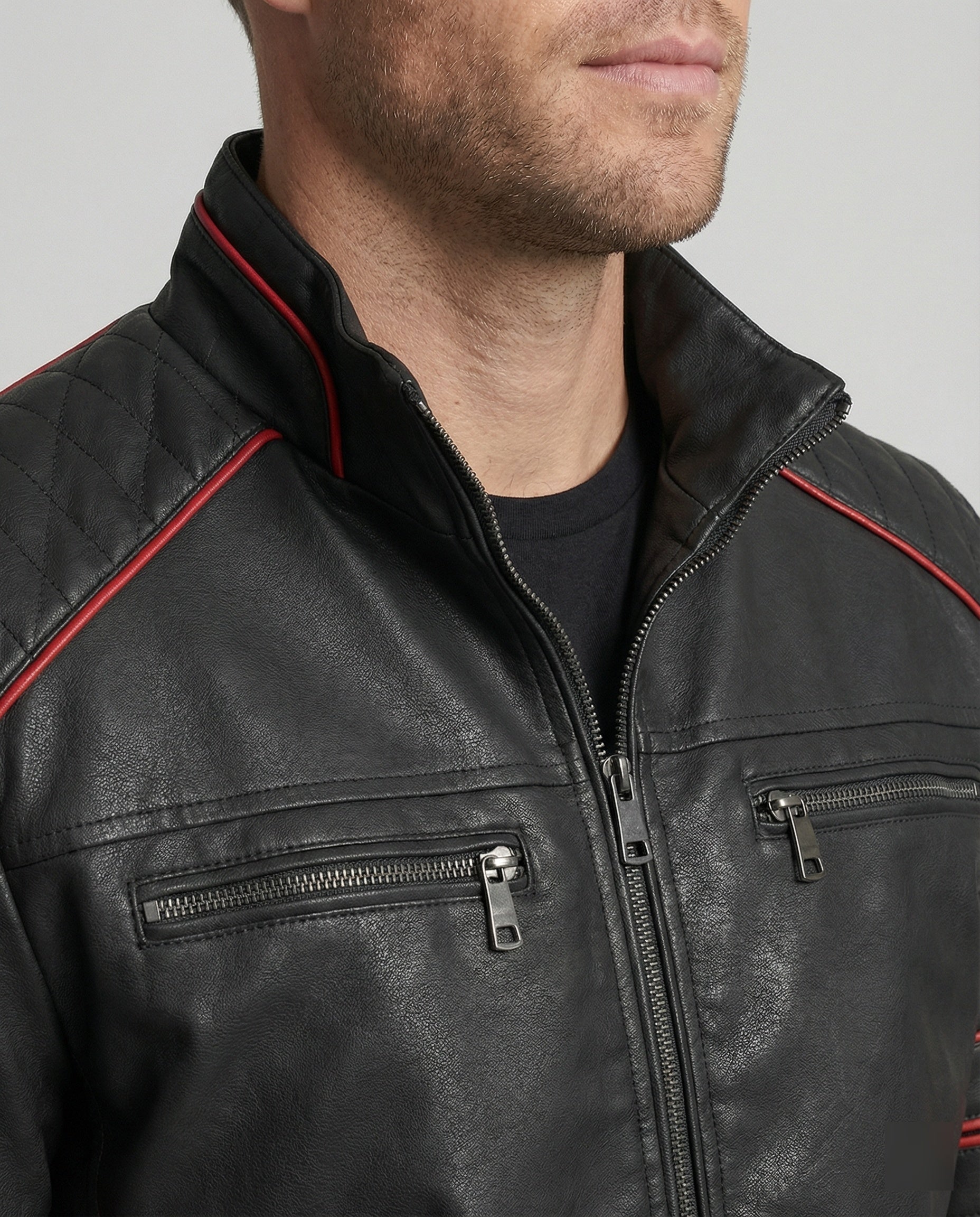 Men's Biker Leather Jacket with Quilting