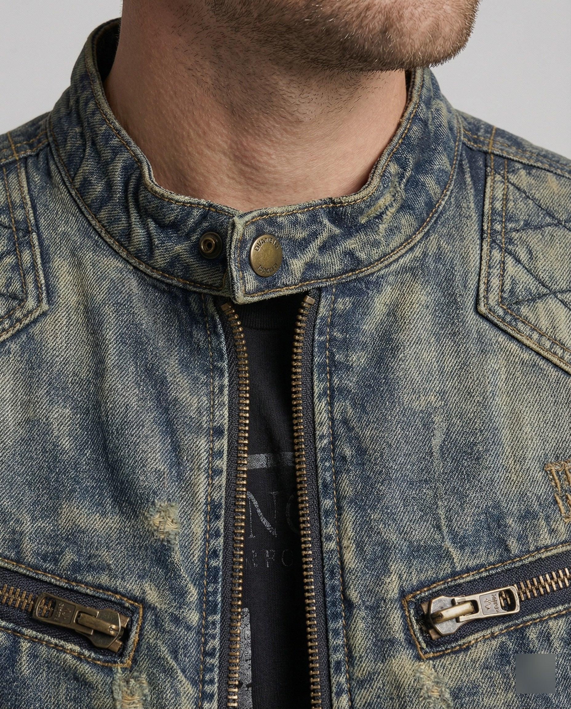 Men's Jeans Jacket Biker Style Stand-up Collar