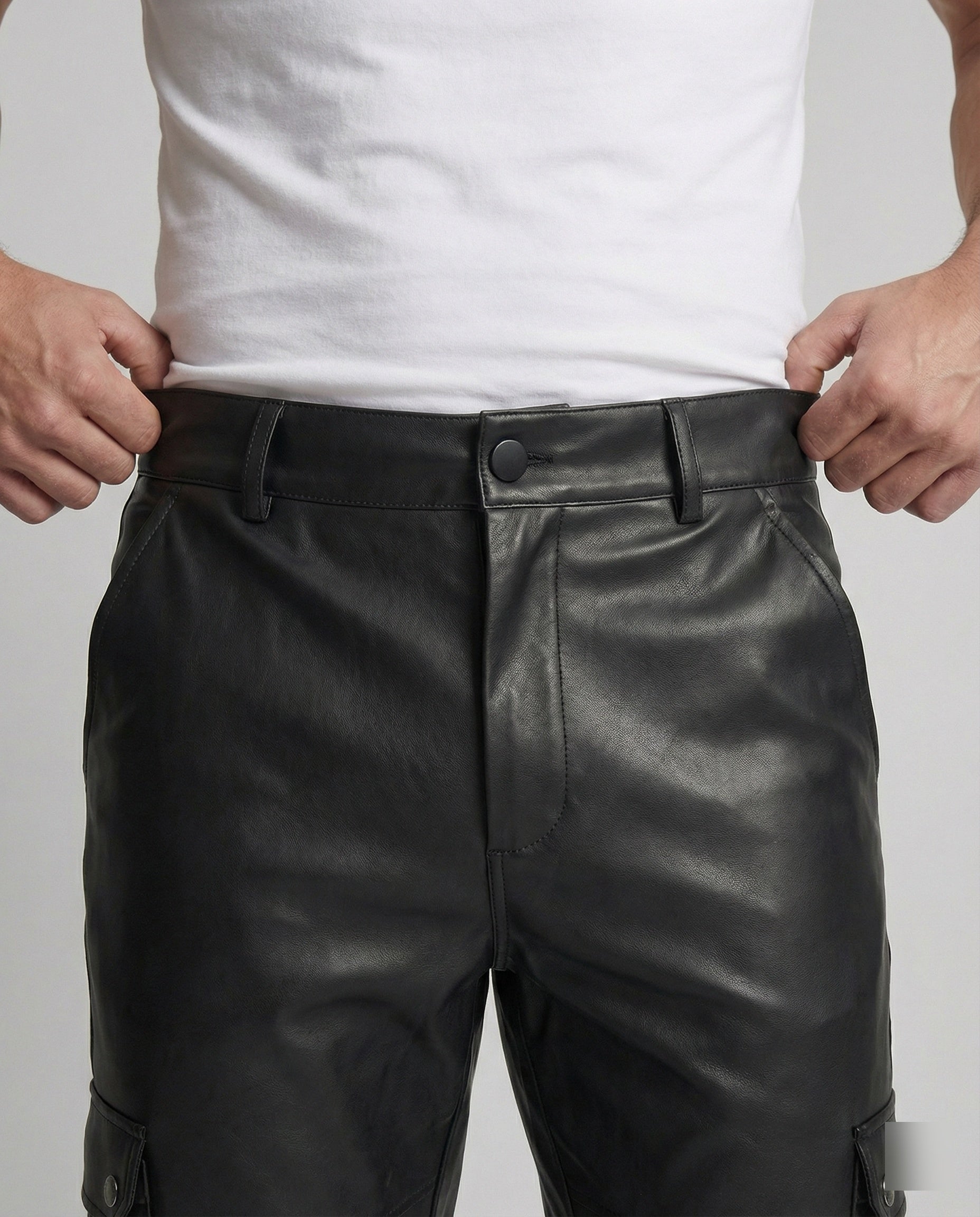 Men's Faux Leather Cargo Pants with Side Pockets