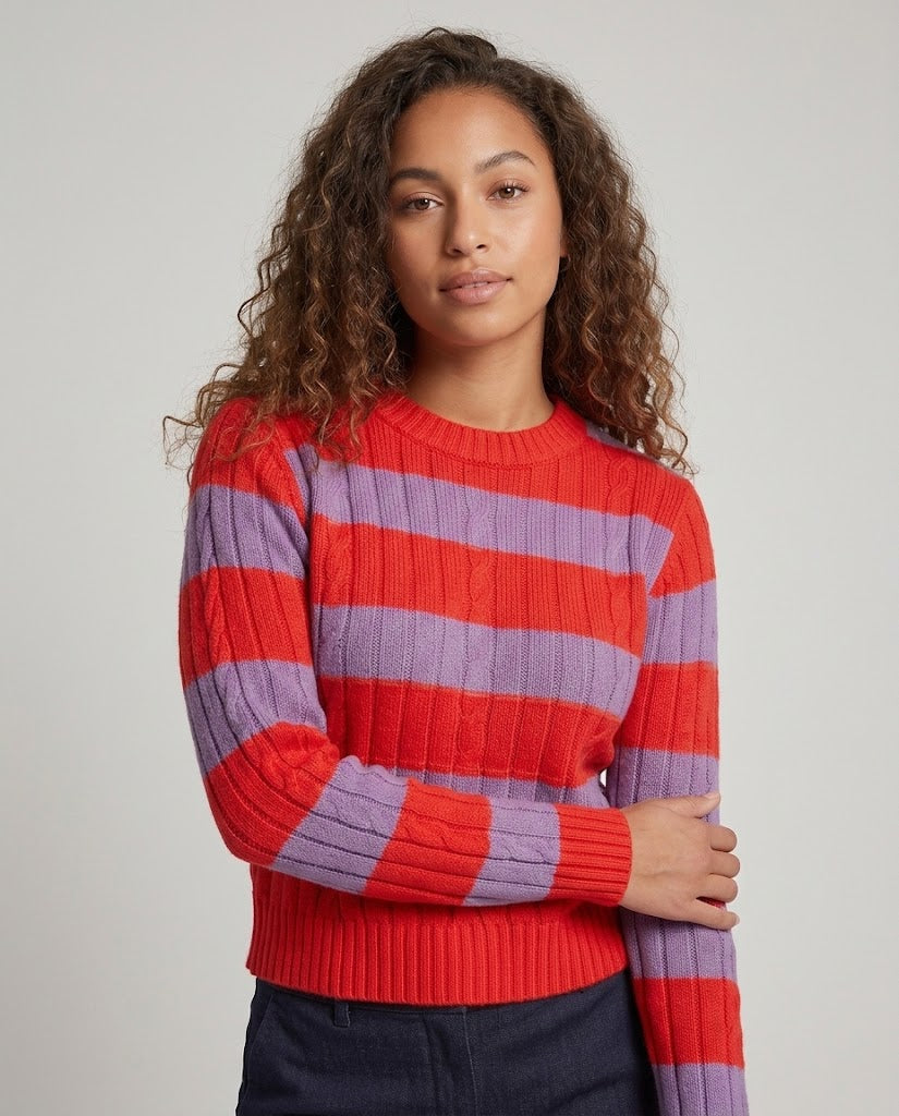 Ladies Striped Ribbed Cropped Sweater with Round Neck Chichicherry