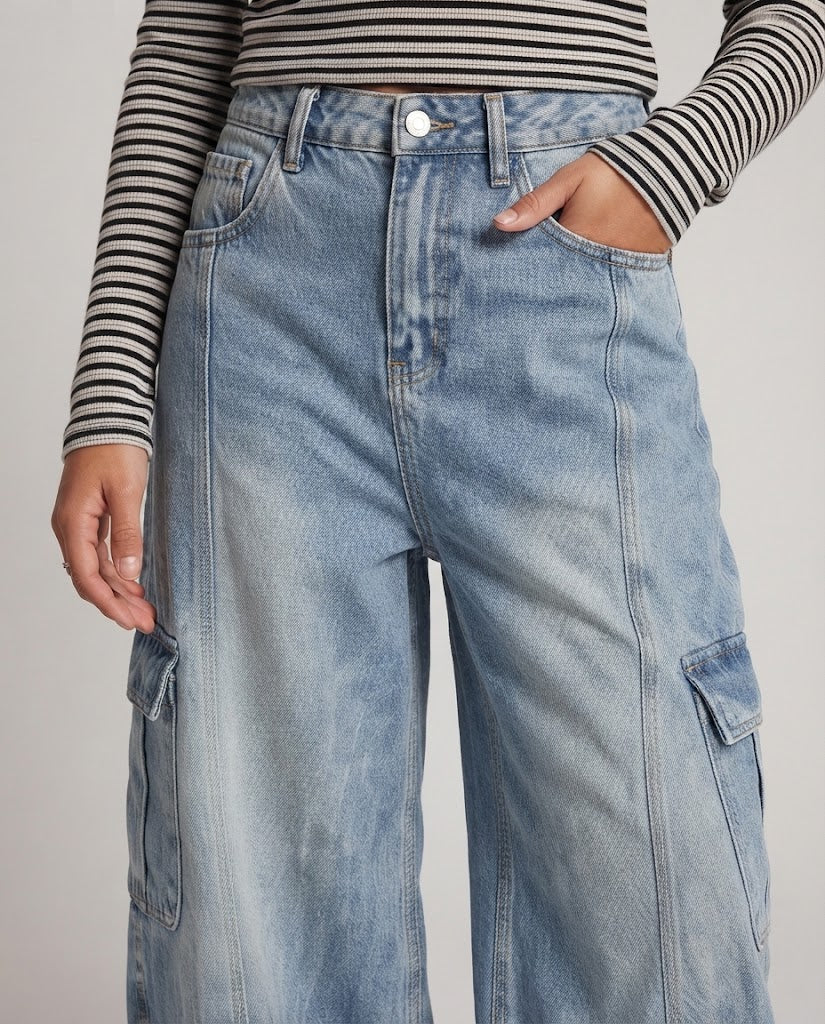 Women Extra Wide Palazzo Denim Pants with Balloon Silhouette and Large Cargo Flap Pockets Chichicherry