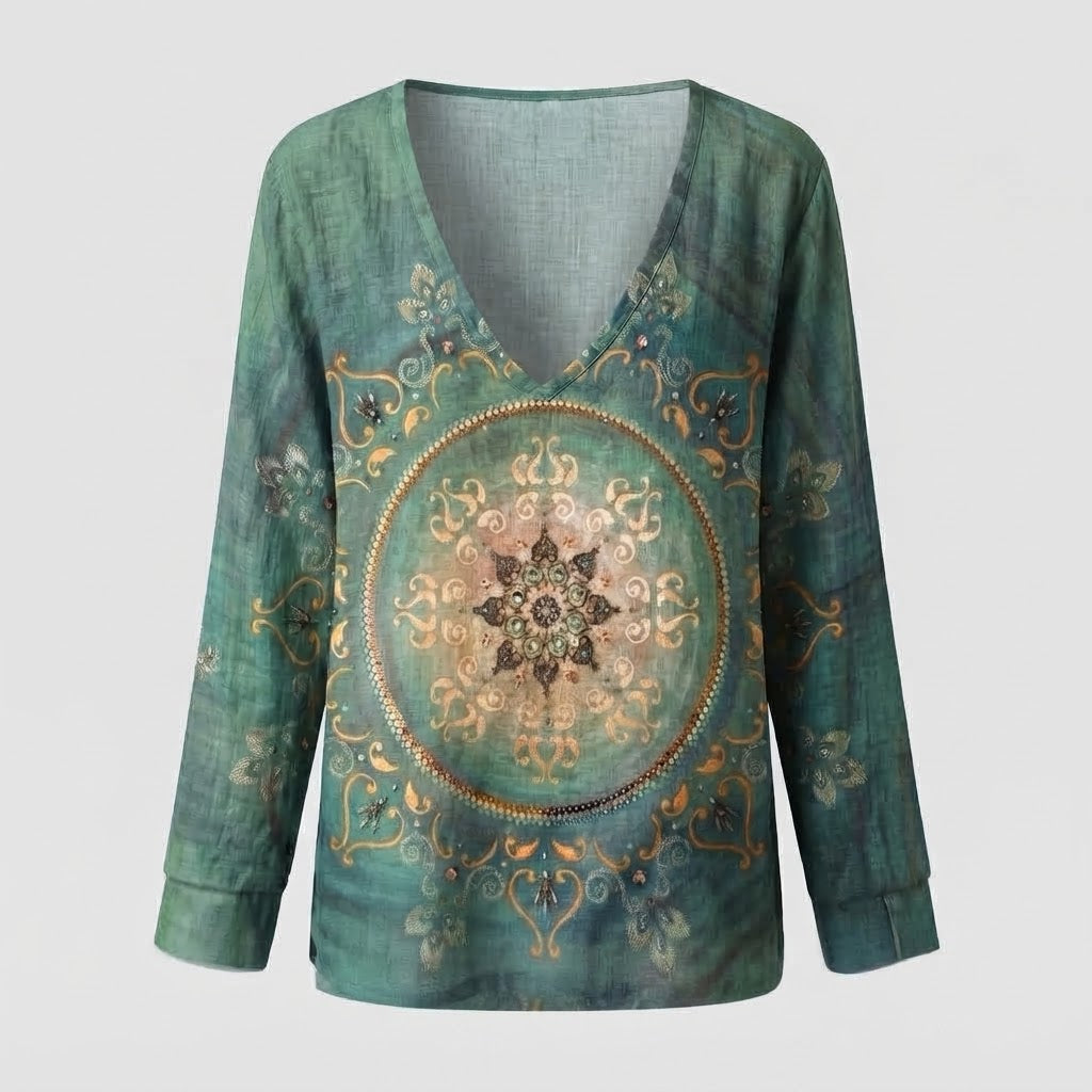 Women's Casual Linen Look V-Neck Tunic with Vintage Flower Ornament Chichicherry
