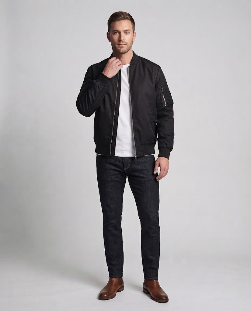 Men's lightweight nylon flight bomber with arm pocket, double zipper, and ribbed cuffs Chichicherry