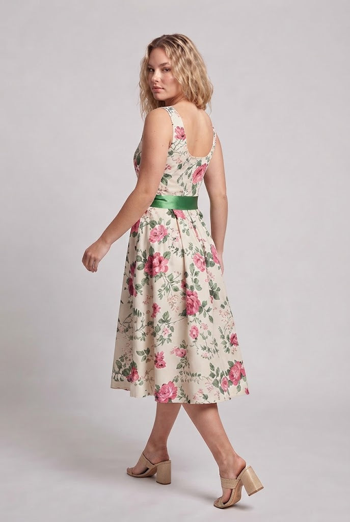 Women Floral Pattern A-Line Dress with Waist Belt Chichicherry