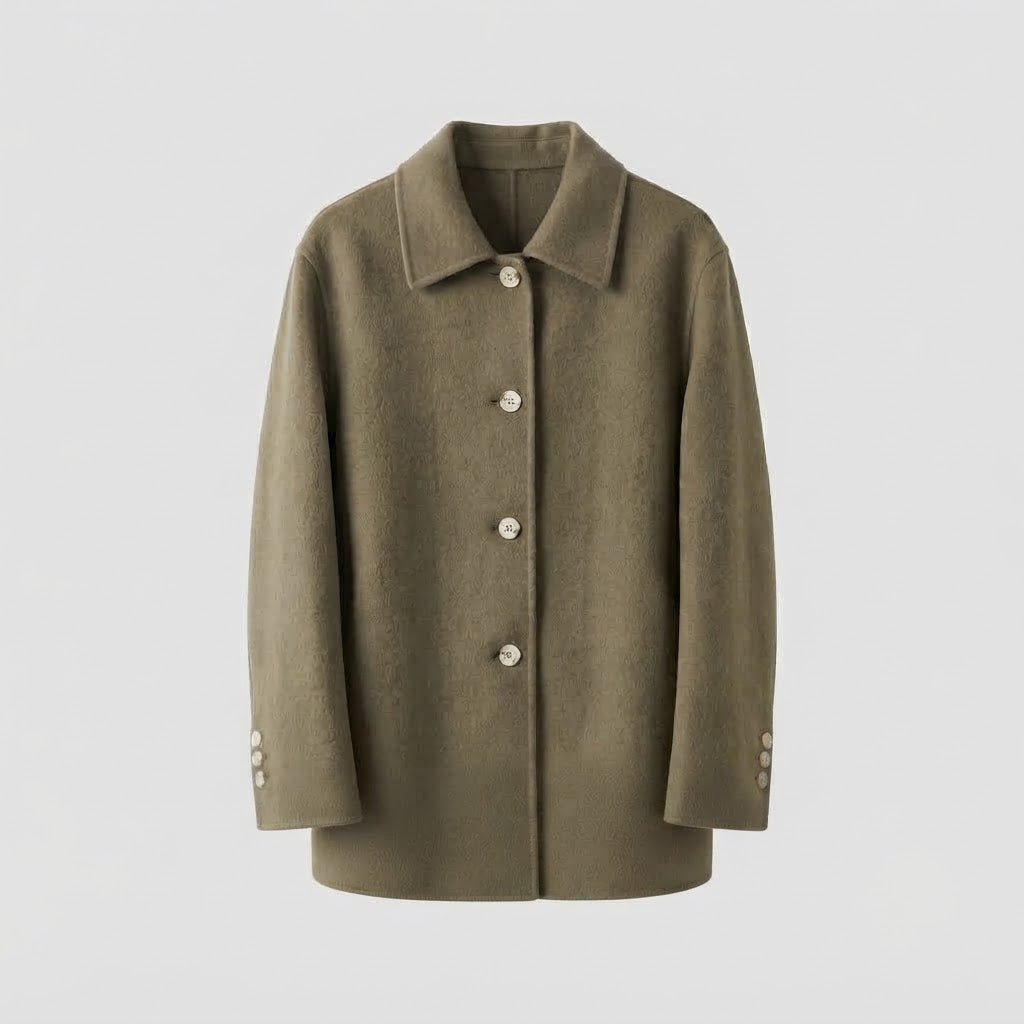 Ladies' elegant fine-knit coat with shirt collar, generous button placket, and soft wool blend Chichicherry
