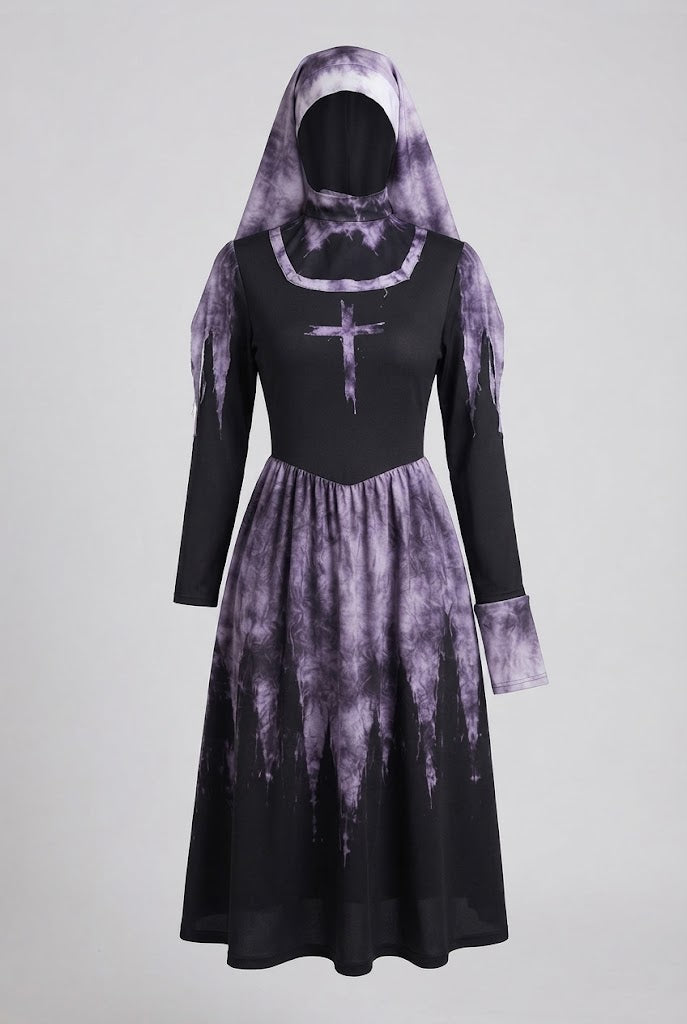 Women Creepy Nun Costume with Lace Sleeves and Tulle Details Chichicherry