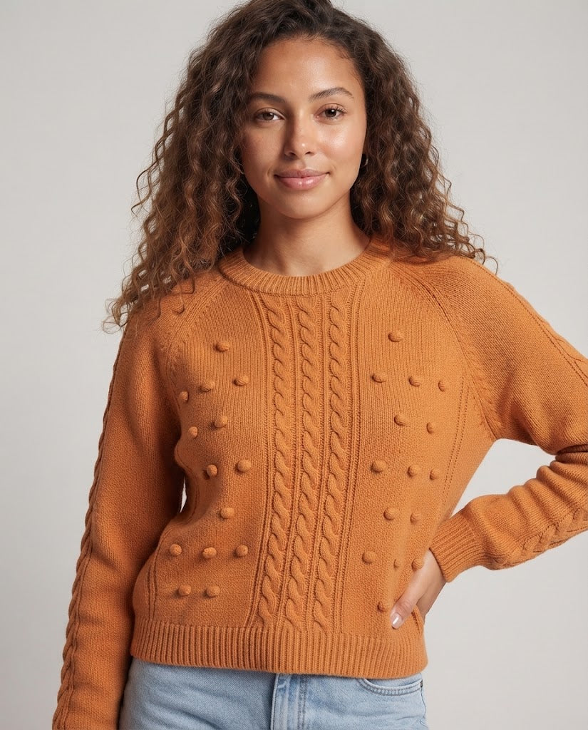 Women's Chunky Knit Sweater with Cable Pattern and Pompom Structure Chichicherry