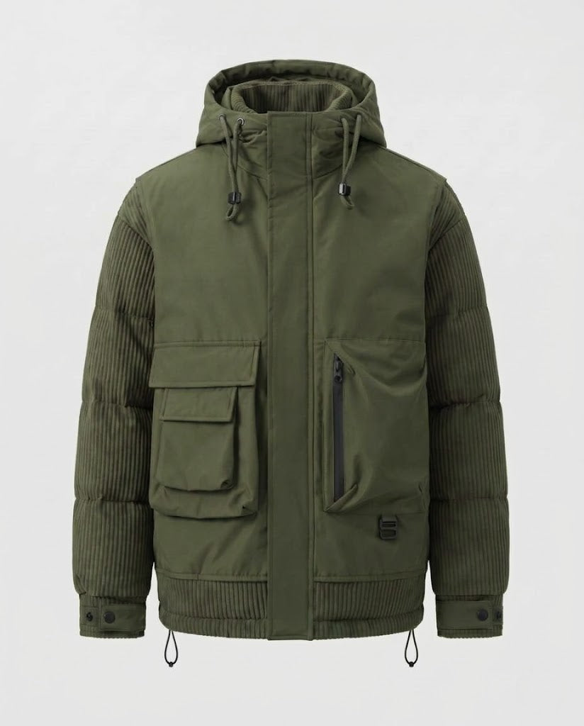 Men's Quilted Utility Parka with Hood and Multi-functional Pockets Chichicherry