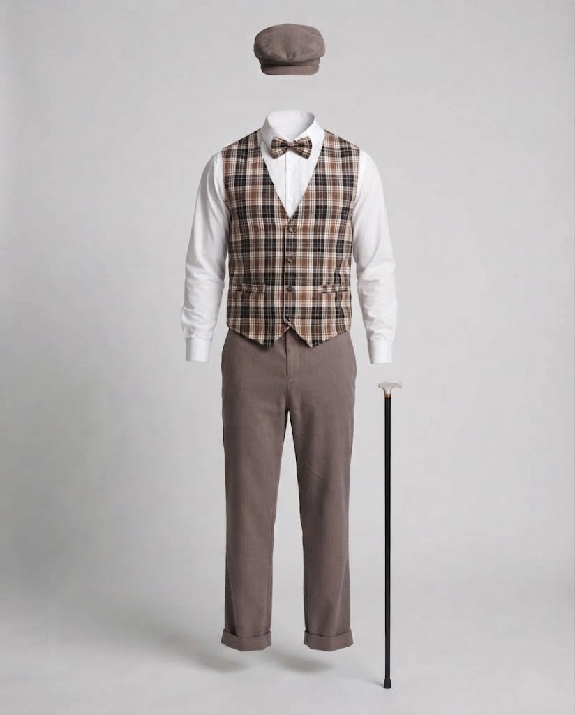 Men's detective costume with elegant vest, hat, and accessories Chichicherry