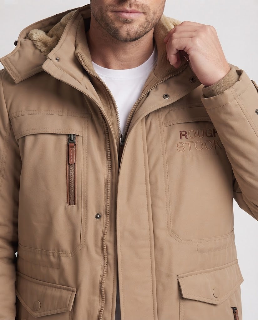 Men's padded canvas outdoor jacket with teddy lining, reinforced pockets, and high collar Chichicherry