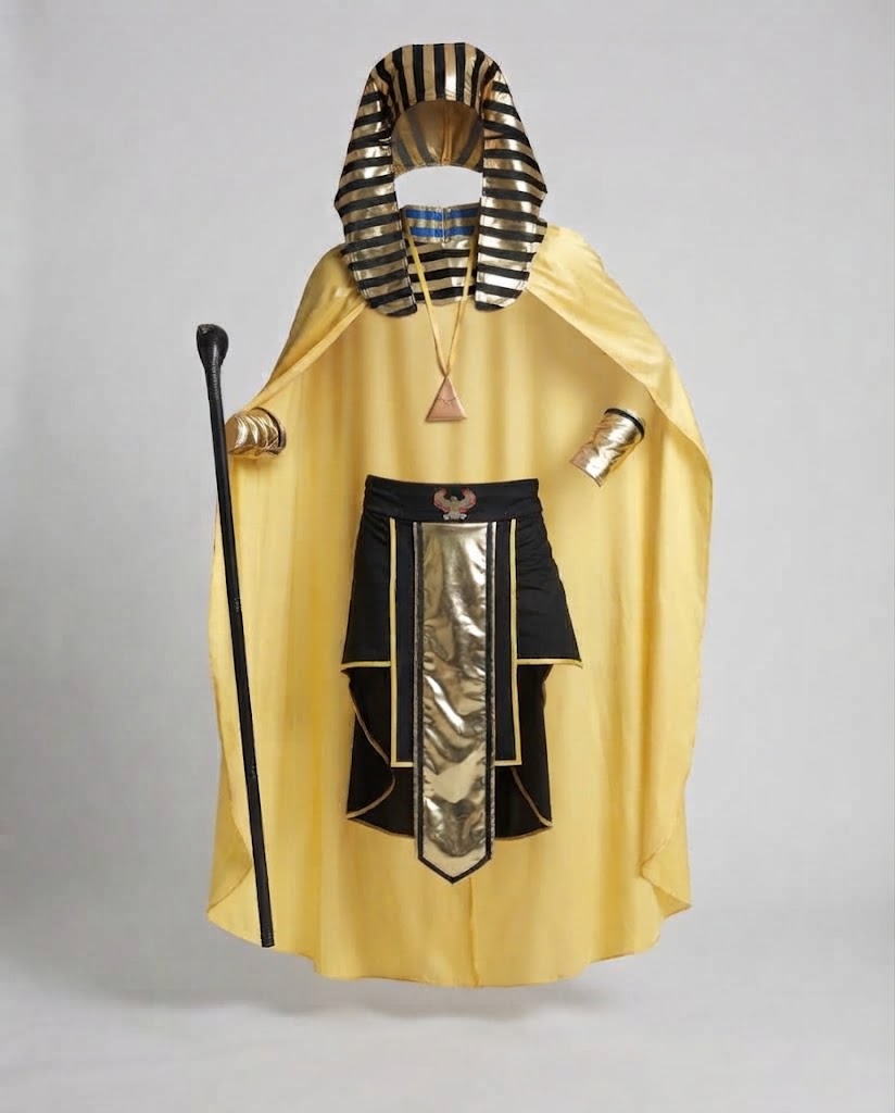 Men's Pharaoh Costume with Golden Accents and Luxurious Cape Chichicherry