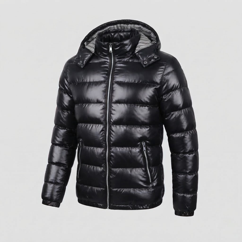Men's Glossy Quilted Jacket with Hood, Striped Lining & Contrast Zippers Chichicherry