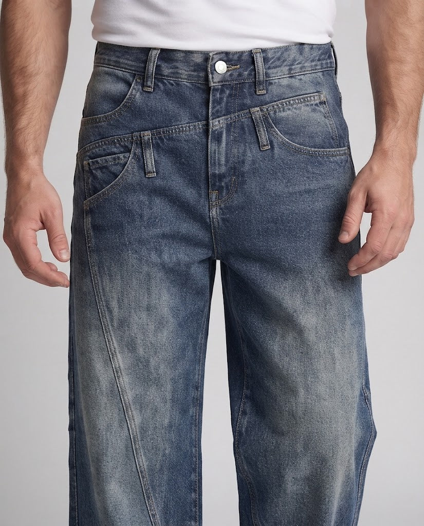 Men's Extra Wide Denim Palazzo Jeans with Panel Seams and Faded Used Look Chichicherry
