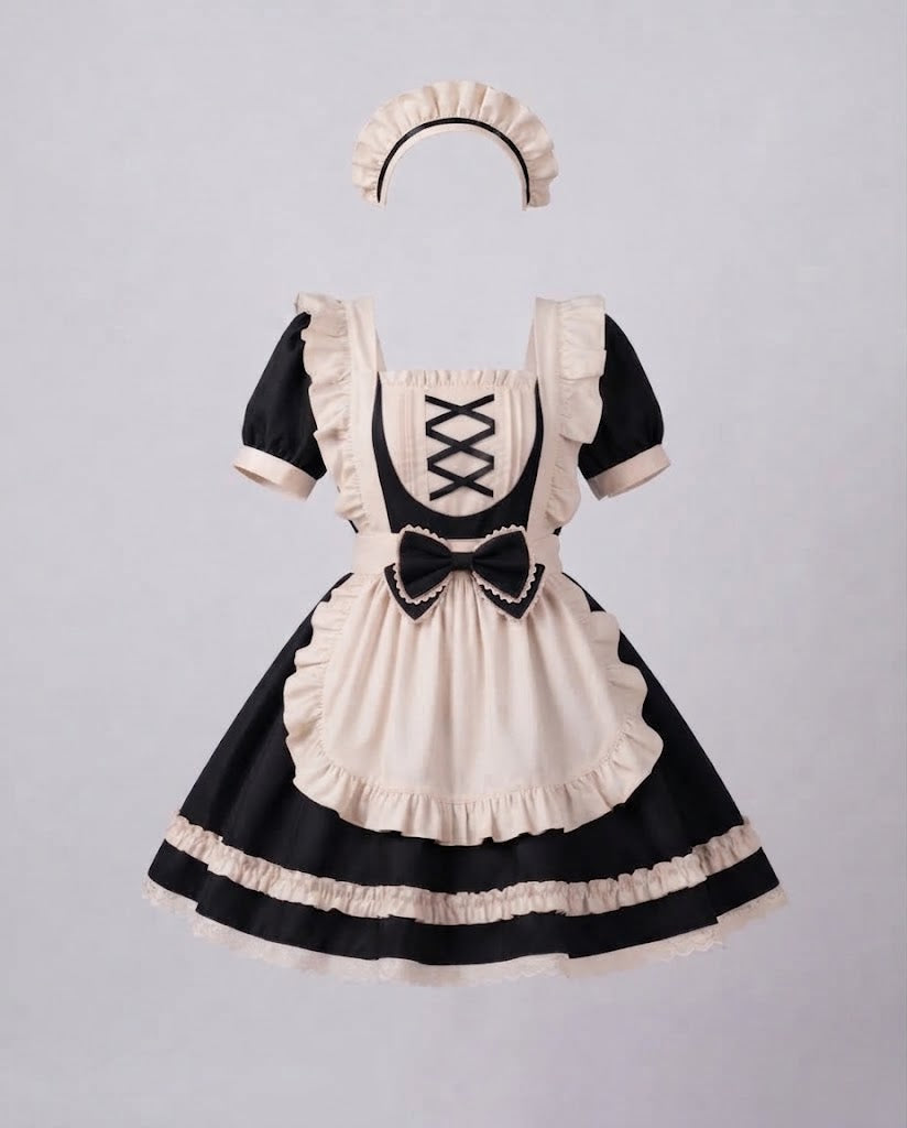Women's Elaborate Maid Costume with Ruffle Details and Apron Chichicherry