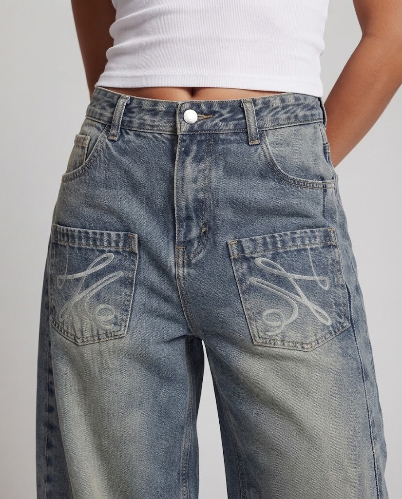 Women's Balloon Baggy Denim Pants in Palazzo Cut with Drop Crotch and Applied Front Pockets Chichicherry