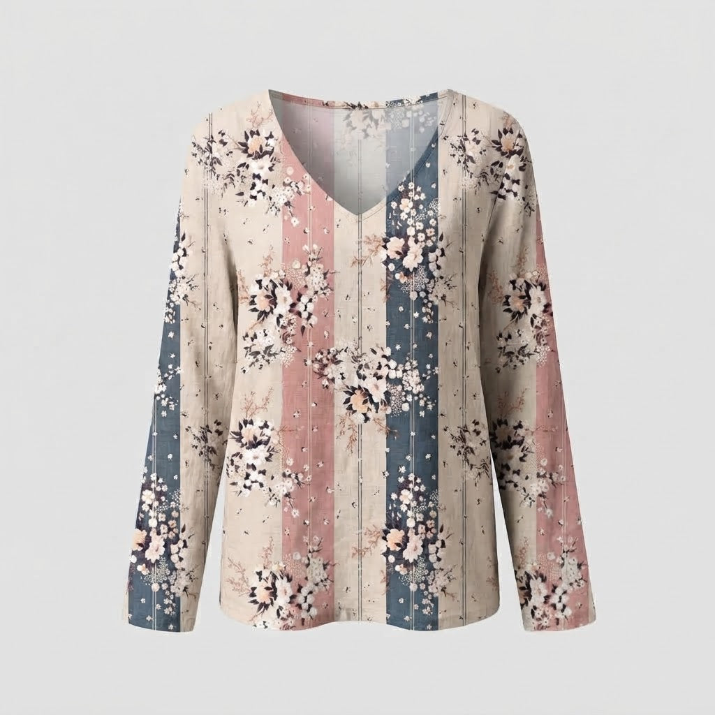 Women's Casual Linen Look V-Neck Tunic with Vintage Flower Ornament Chichicherry
