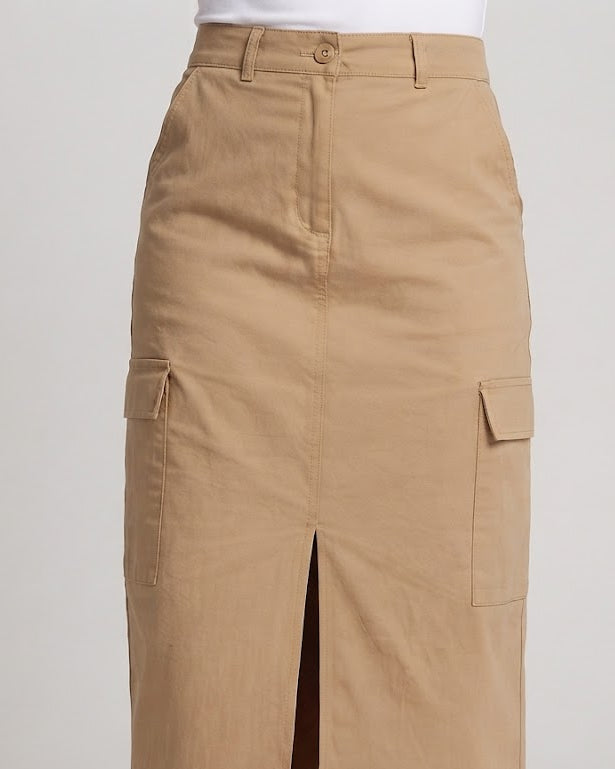Women High-Waisted Cargo Midi Skirt with Front Slit and Patch Pockets Chichicherry