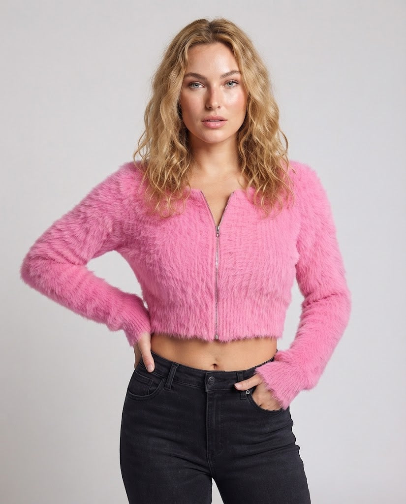 Women's short cut fluffy cardigan with full-length zipper and soft faux fur Chichicherry