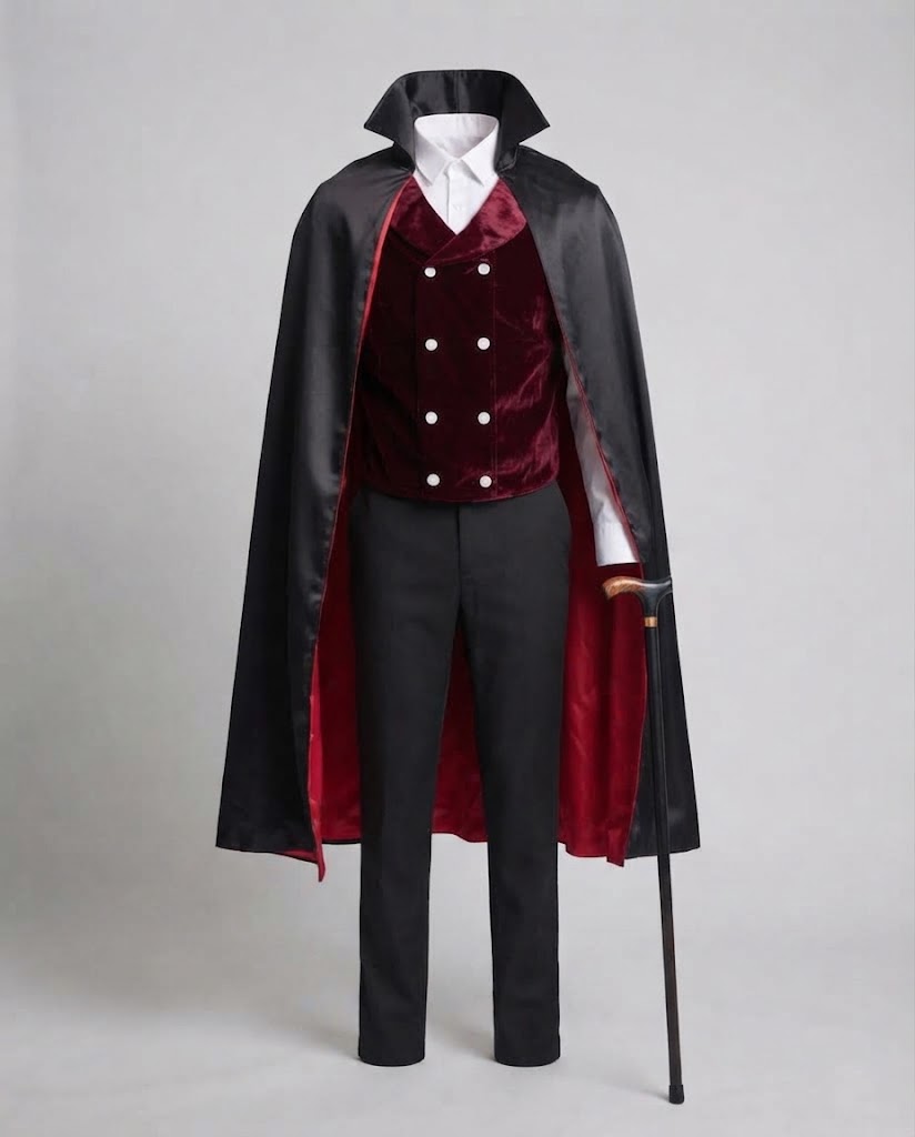 Men's Vampire Costume with Elegant Cape and Embroidered Vest Chichicherry