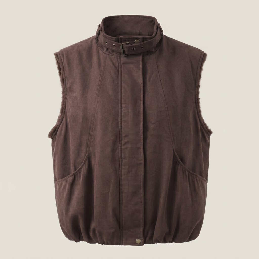 Women's Sleeveless Velour Quilted Vest with Faux Fur Lining and Adjustable Stand Collar Chichicherry
