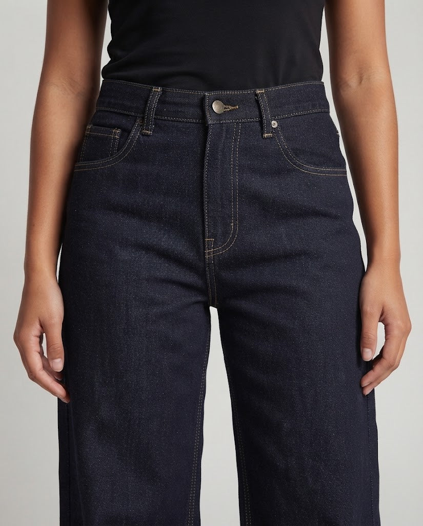 Women's Wide Denim Palazzo Pants with Drop Crotch and Contrast Stitches Chichicherry