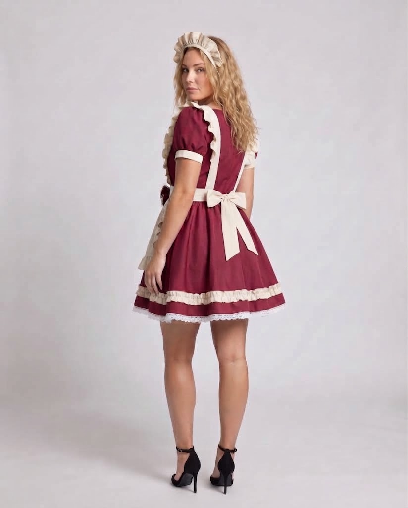 Women's Elaborate Maid Costume with Ruffle Details and Apron Chichicherry