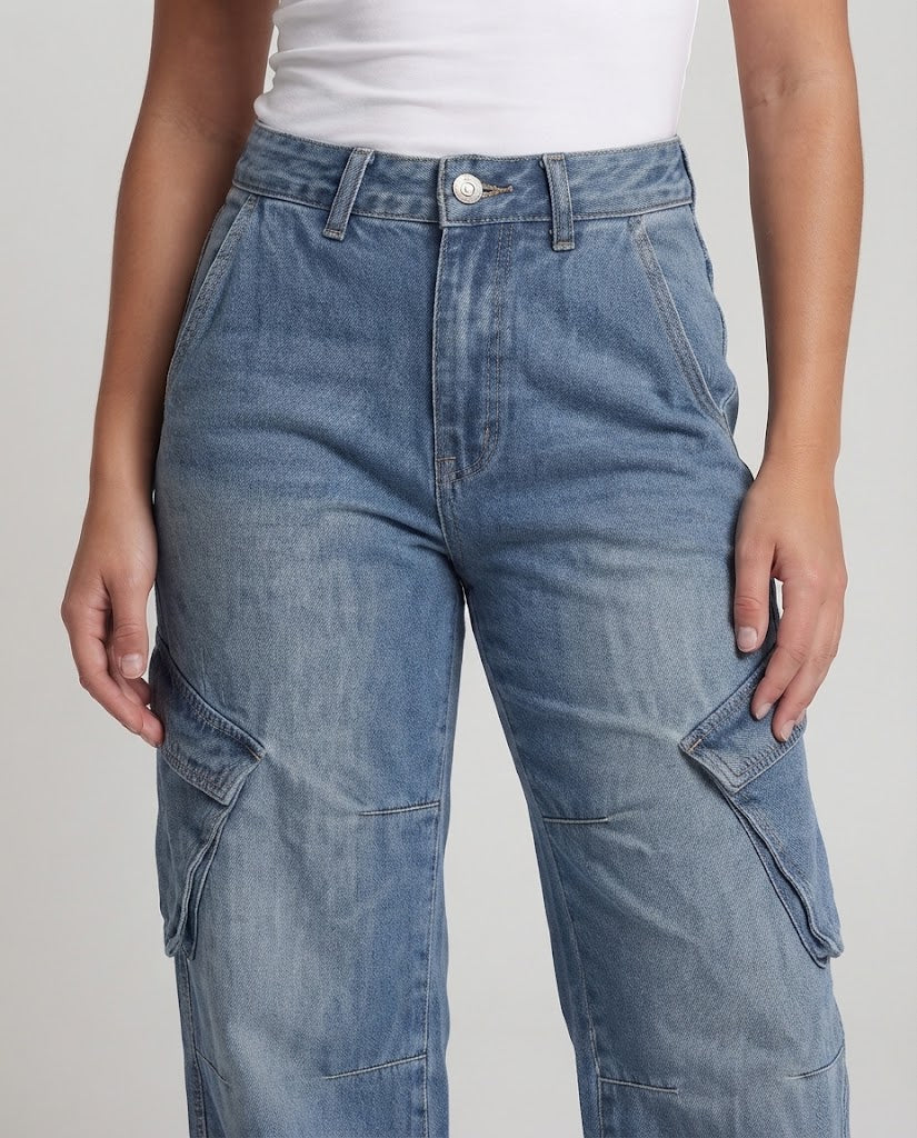 Women Wide Palazzo Denim Cargo Pants with Deep Crotch, Knee Panels, and Large Flap Pockets Chichicherry
