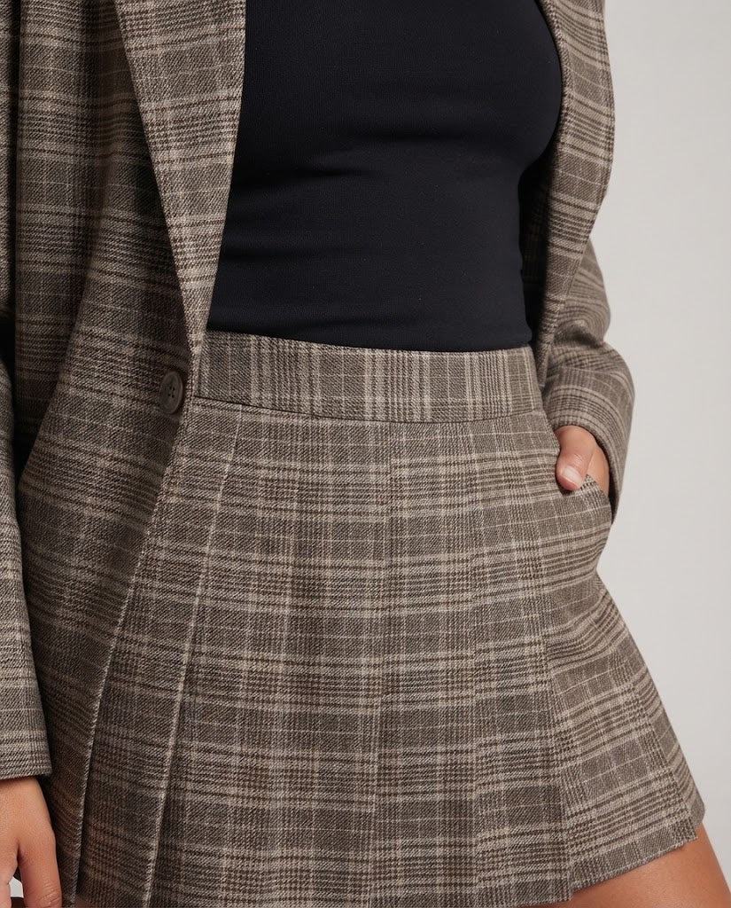 Women Two-Piece Glencheck Blazer and Pleated Mini Skirt Set with Oversized Shoulder Chichicherry