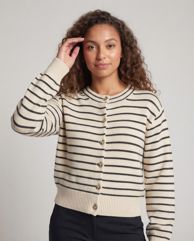 Women Striped Button Cardigan with Round Neckline, Golden Decorative Buttons, and Ribbed Cuffs Chichicherry