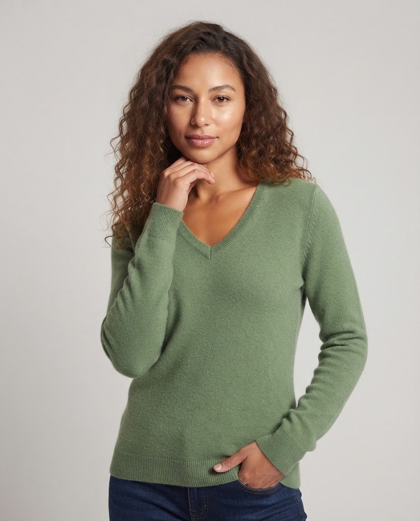 Women's Soft V-Neck Sweater in Angora Look with Mohair Mix and Ribbed Cuffs Chichicherry