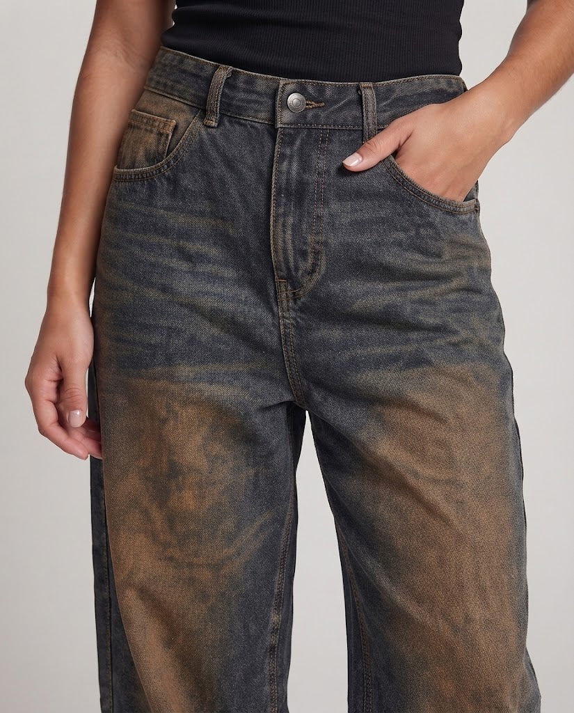 Women Extra Wide Palazzo Denim Jeans with Deep Crotch, Vintage Fade and Floor-Length Hem Chichicherry
