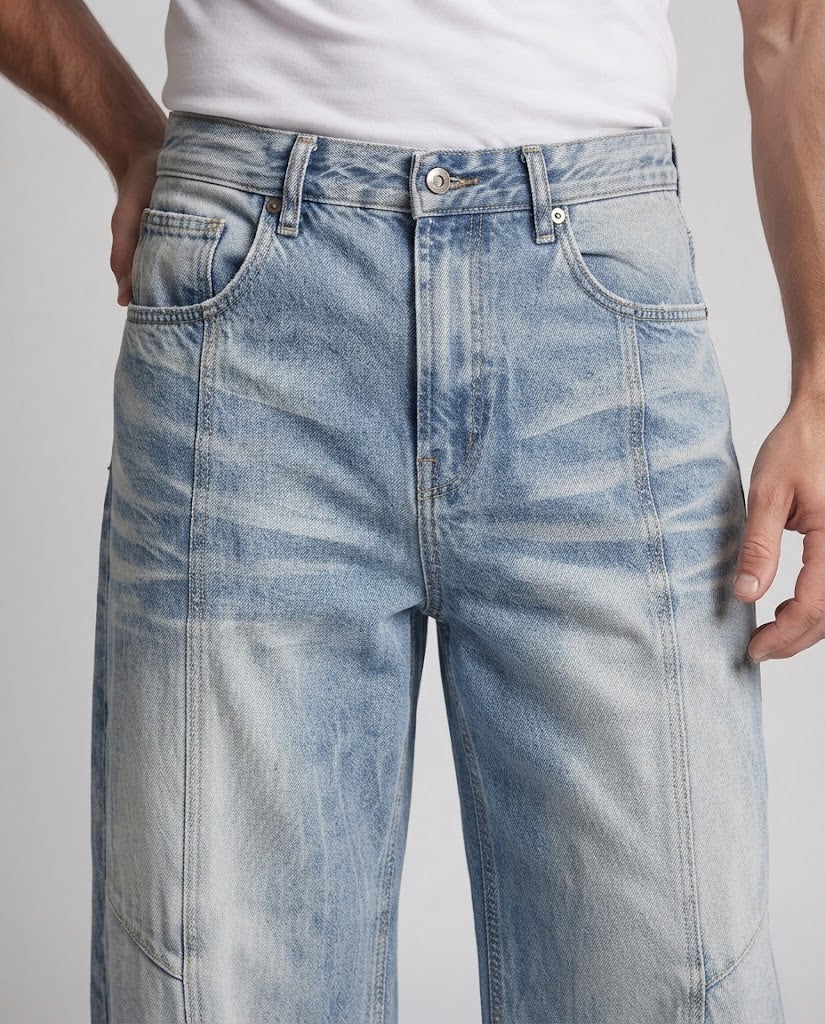 Men's Ultra Wide Denim Palazzo Jeans with Distinctive Pleat Look and Decorative Stitch Panels Chichicherry