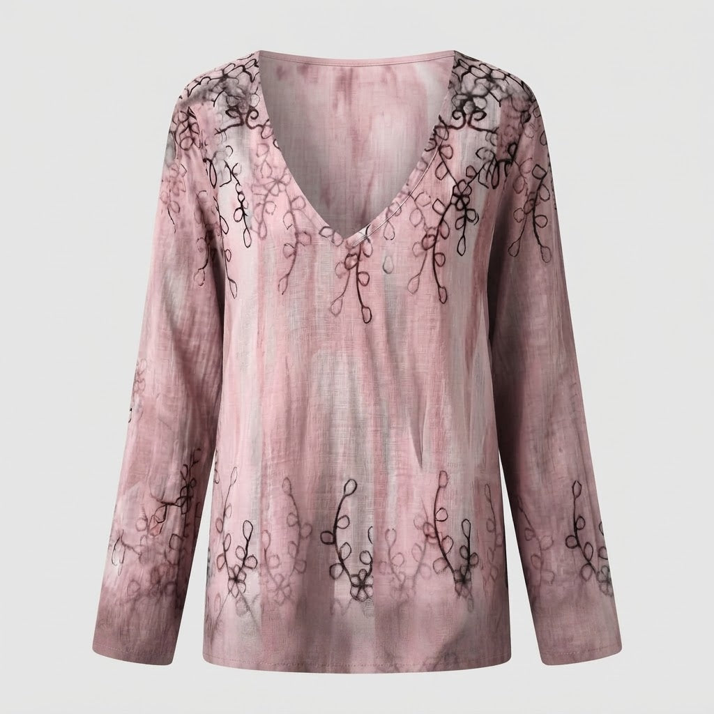 Women's Casual Linen Look V-Neck Tunic with Vintage Flower Ornament Chichicherry