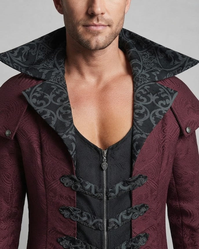 Men's elegant Gothic coat with ornate embellishments and high collar Chichicherry