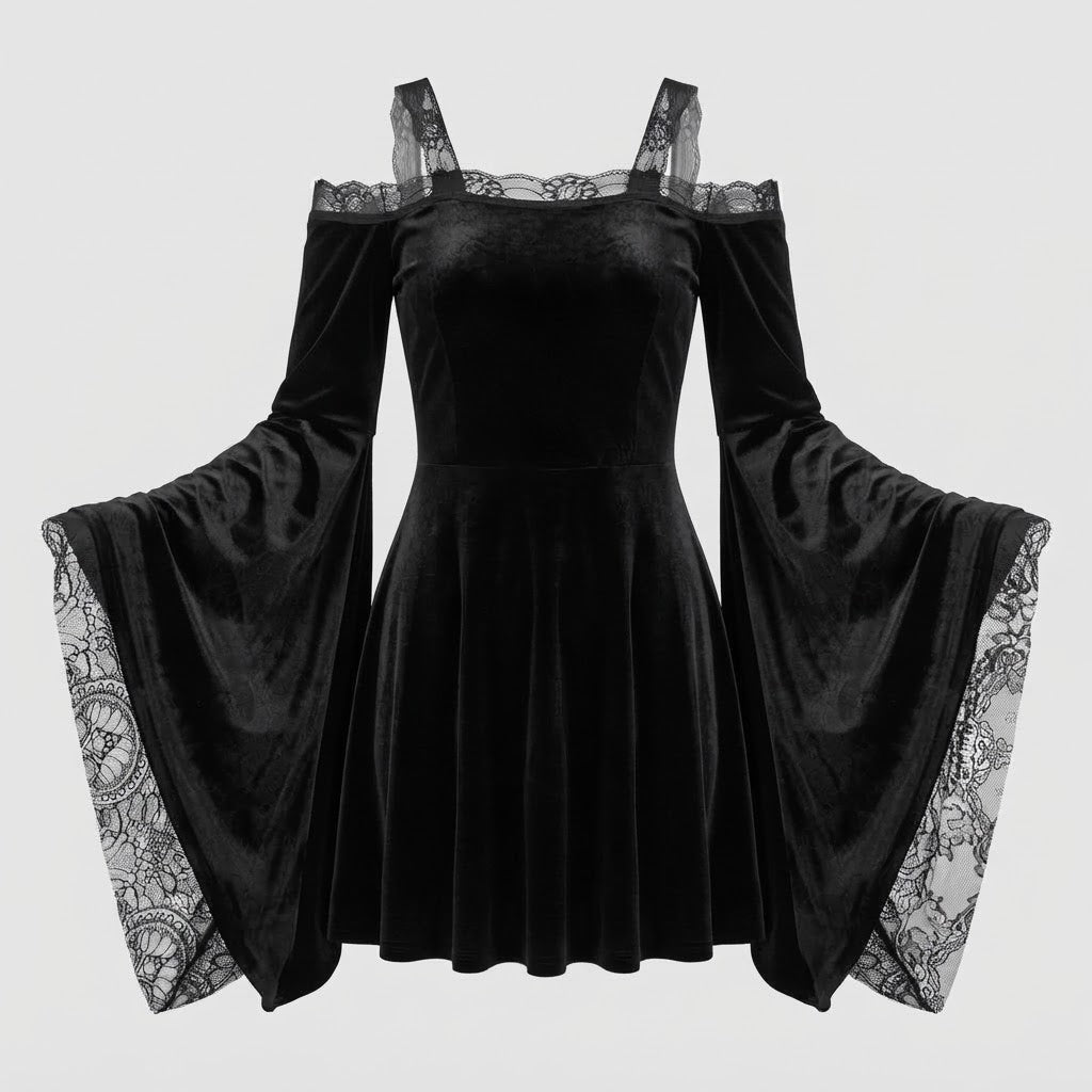 Women's Gothic Dress with Lace Sleeves and Flared Skirt Chichicherry