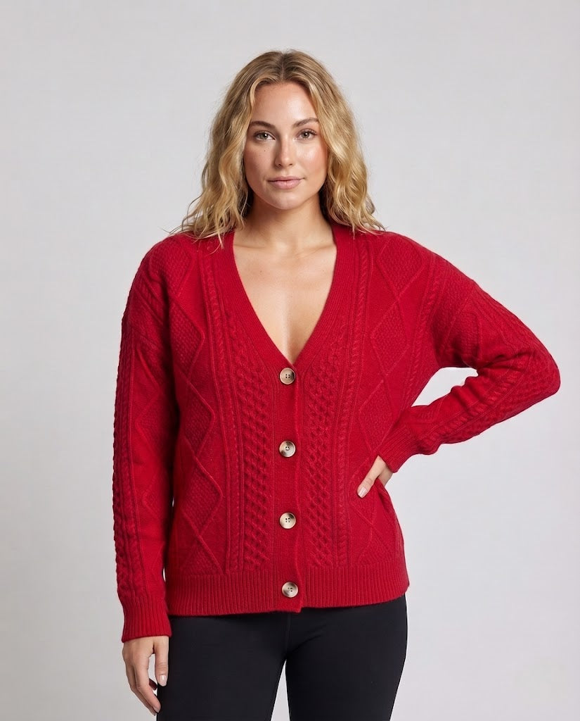 Women Fine Wool Blend Cardigan with Cable Pattern, V-Neck and Pearl Buttons Chichicherry