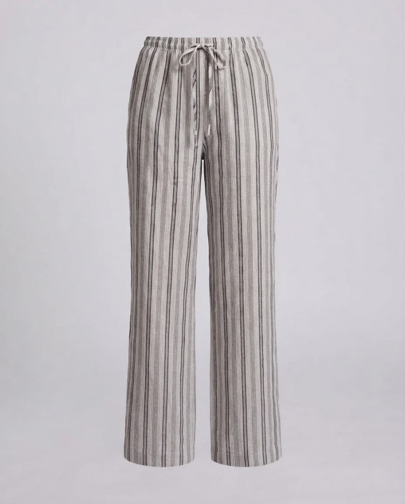 Women's Linen Look Wide Pants with High Elastic Waistband Drawstring and Vertical Stripes Chichicherry