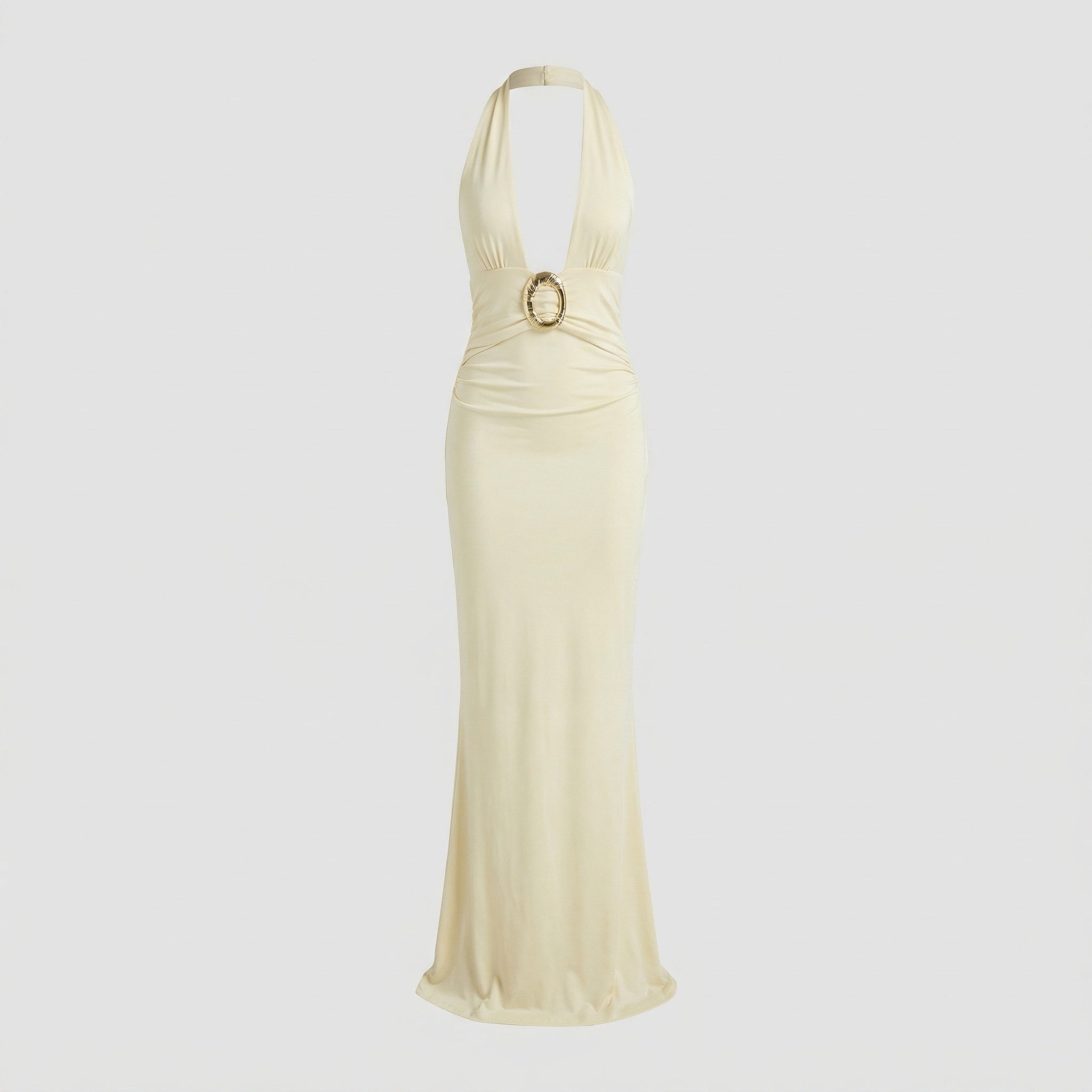 Figure-hugging maxi dress with halter and metal ring - Chichicherry