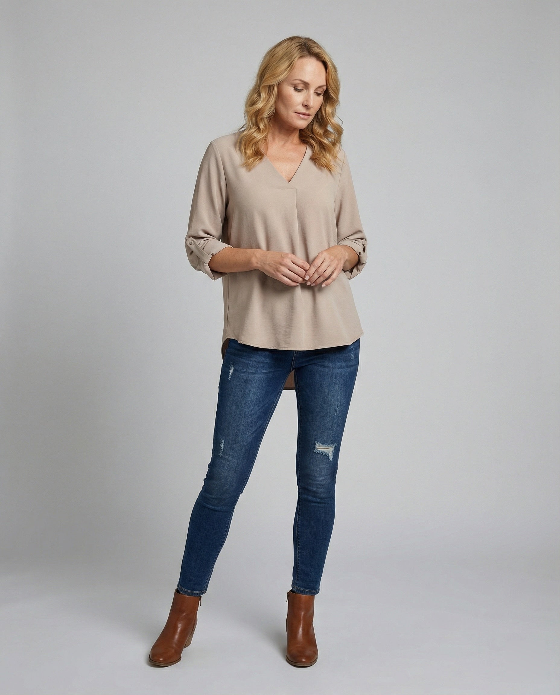 Tunic blouse women with rolled sleeves